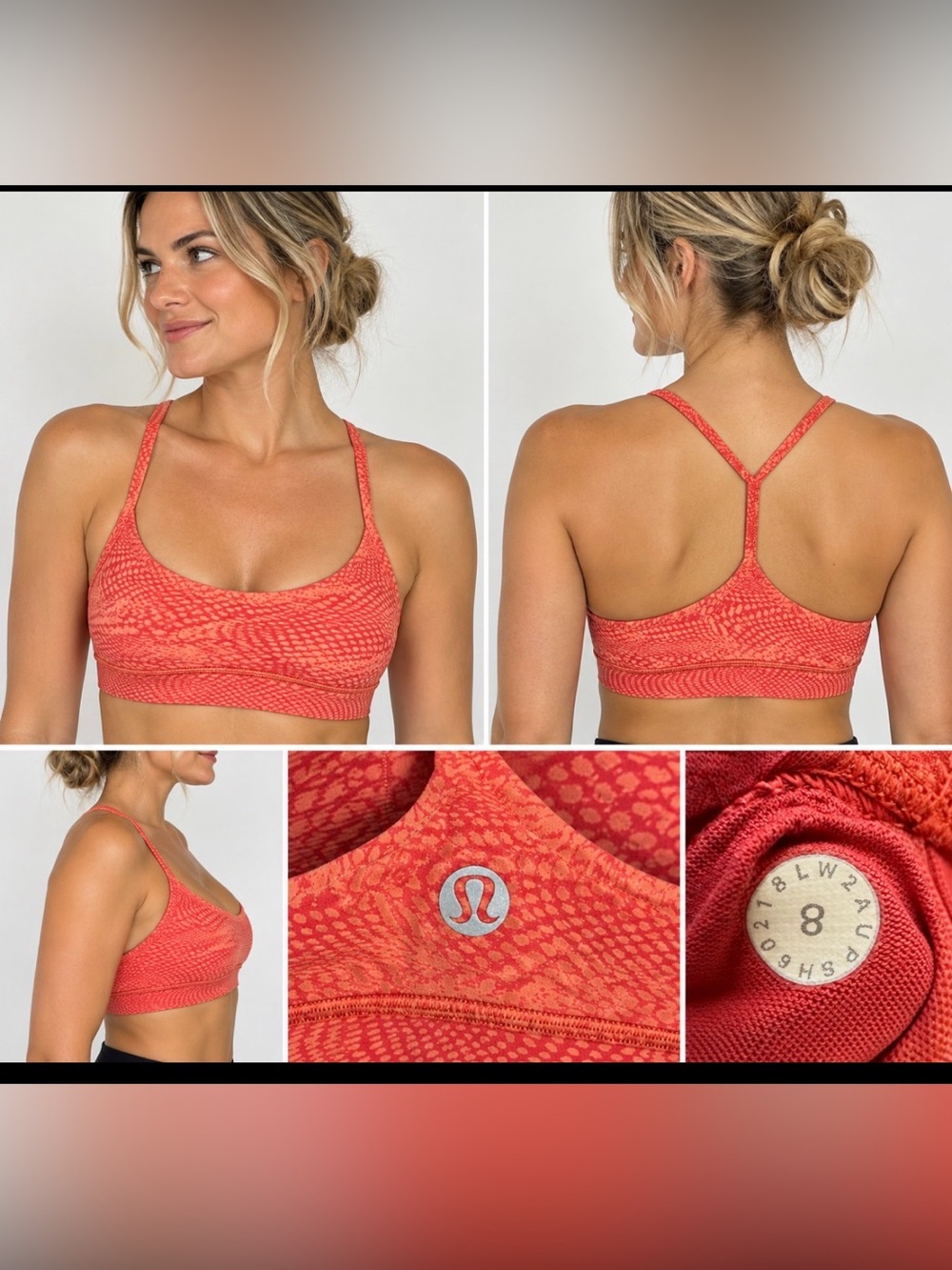 Lululemon Sports Bra Size 8 Coral Red Tonal Print Strappy Y Back